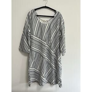 Soft Surroundings‎ Sonya Linen Dress 1X White Blue Stripes Lagenlook Nautical